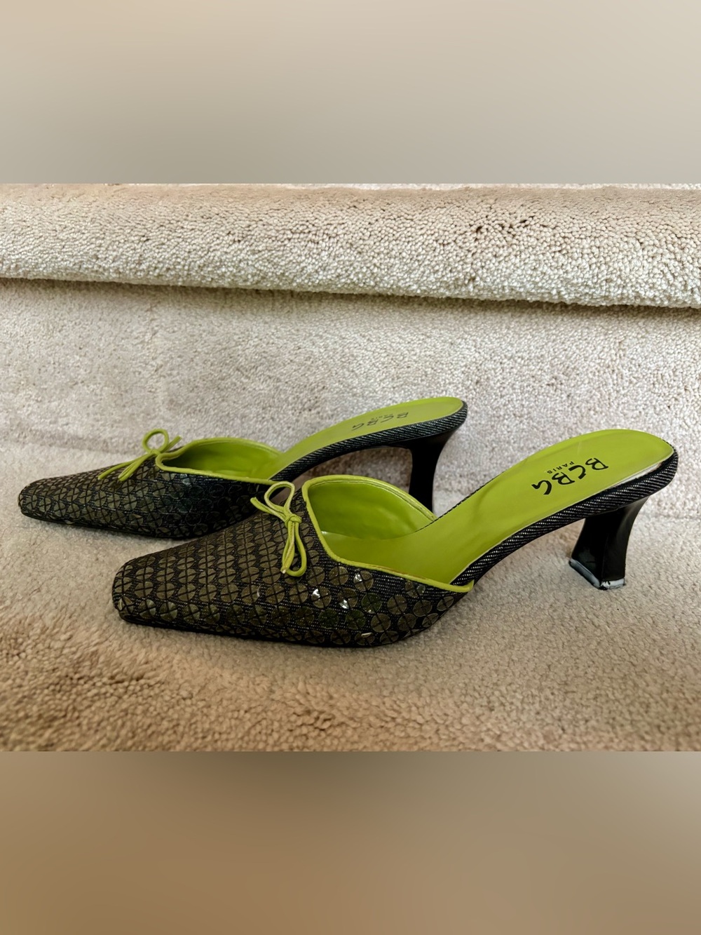BCBG Black Sequined Patterned Slide Mules with Lime Green Trim